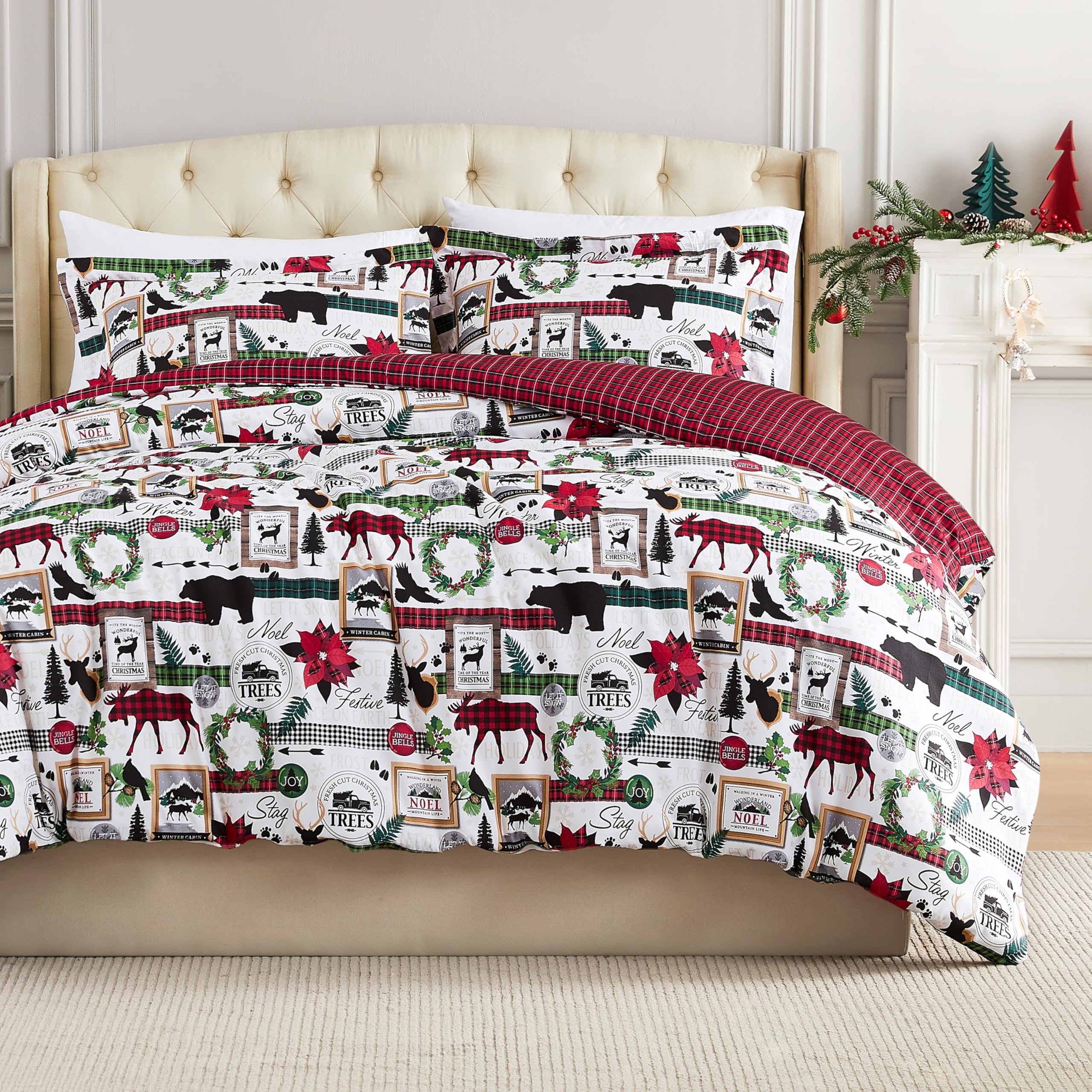 Southshore Fine Living, Inc. Twin Size Christmas Comforter Set With Pillow Sham, Reversible Red Plaid Christmas Bedding Set With